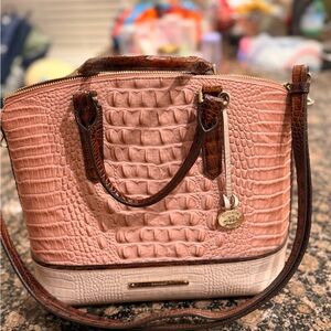 Brahmin Pink & Brown Croc-Embossed Satchel with Cream Base